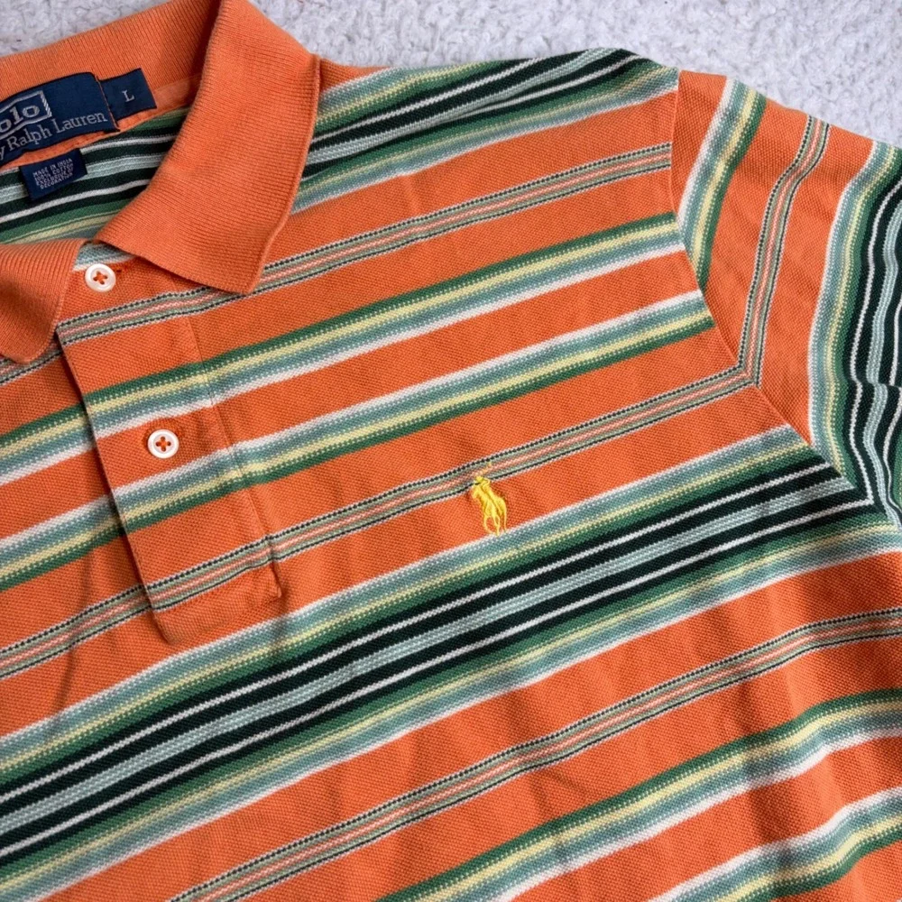 Polo Ralph Lauren Mens Large Orange Green Striped Short Sleeve Pique Polo Shirt
